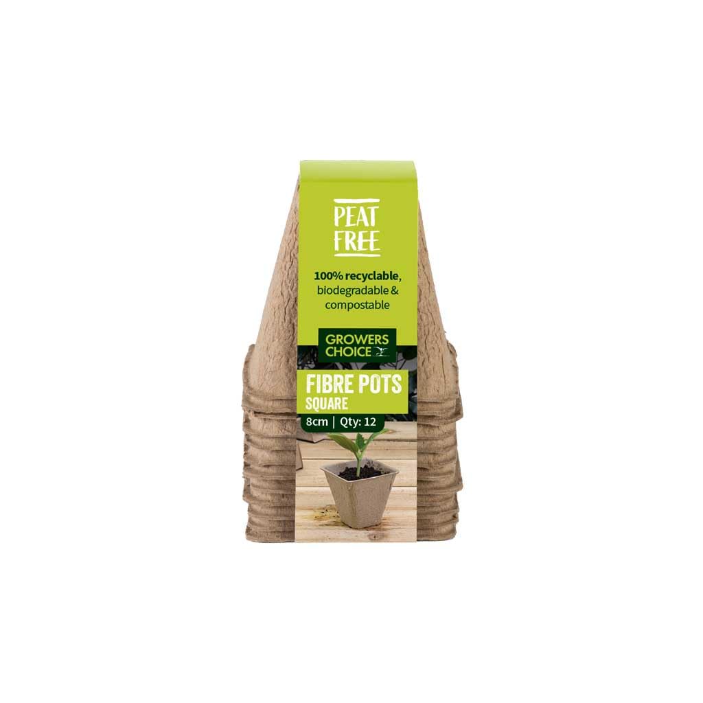 Growers Choice Peat Free Square Fibre Pots, 8 cm Square, Twin Pack of 12 (24 pots), Biodegradable, For Seedlings and Cuttings