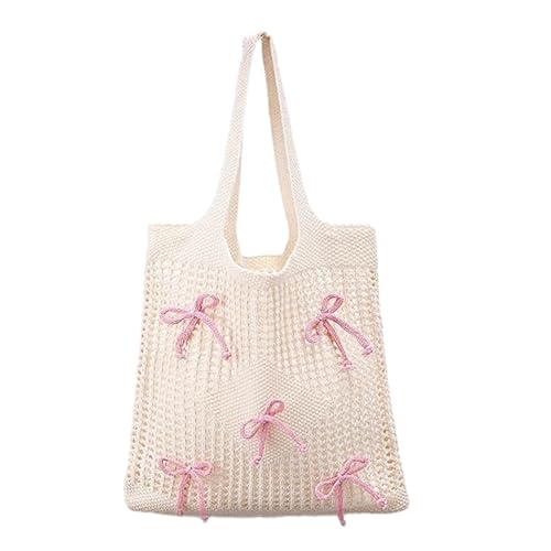Knitted Beach Tote Bag with Bow - 14.2 x 24 Inch Large Summer Beach Bag for Women, Lightweight Cotton Boho Handbag for Pool, Travel & Shopping (Pink)