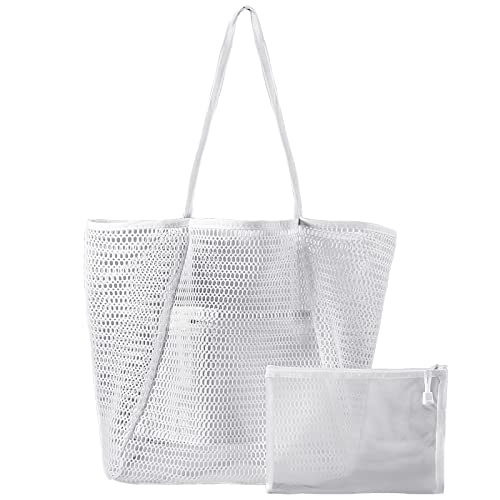 Ibeauti Bolsa de playa de malla de gran tamaño con bolsillo con cremallera Bolsa de cosméticos Set de bolsa de juguete de playa para picnic, viaje de vacaciones (blanco) Cover
