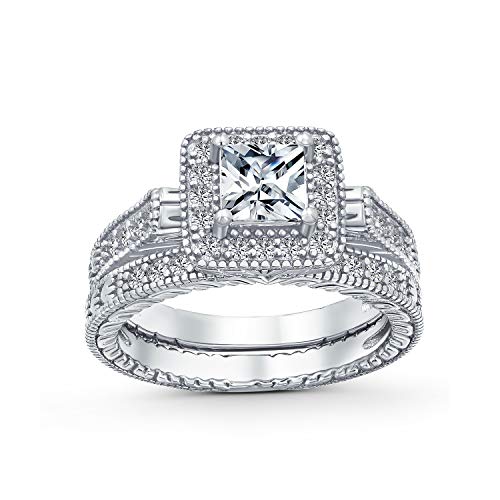 1CT Square Solitaire Cubic Zirconia Brilliant Princess Cut Halo AAA CZ Pave Milgrain Eternity Band Anniversary Engagement Wedding Ring Set For Women .925 Sterling Silver