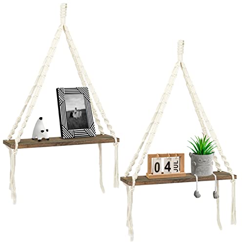 SMFANLIN 2 Stück Boho-Wandregale aus Holz, Makramee-Wanddekoration, hängende schwebende Regale, handgefertigt, rustikaler Kleiderbügel, Pflanzgefäß, Topfständer, Badezimmer, Wohnzimmer Cover