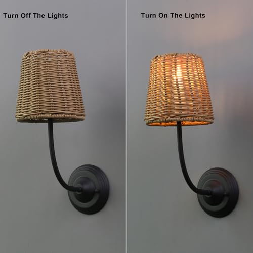 Image of Yosoan Set of 2 Rattan Boho Wrapped Wall Sconce Light, Indoor Hardwired Gold Hand-Woven Farmhouse Vintage Wall Lamps, Brass Handmade Shade Wall Mount Fixture for Reading Bedside Bedroom(Black)
