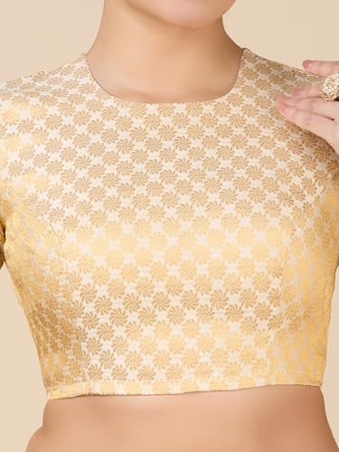 Image of Studio Shringaar Women Brocade Silky Jewel Neck Readymade Elbow Length Sleeve Saree Blouse