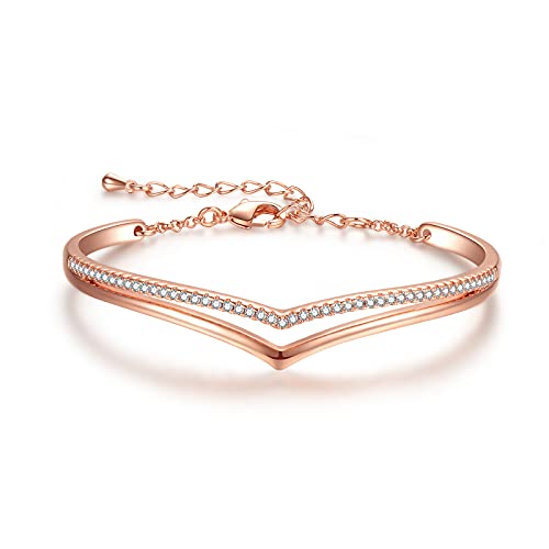 Praelinos Minimalistic Bracelets for Women White/Rose Gold Plated Charm Silver Tone Bracelet 5A Cubic Zirconia Jewelry Christmas Birthday Valentine Mother's Day Gifts for Mom Women Wife Her