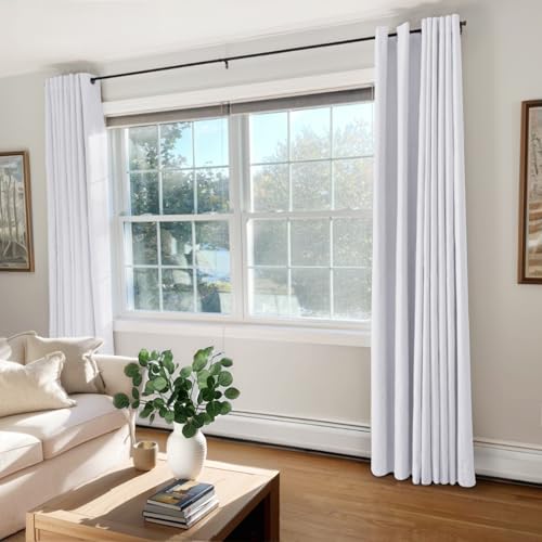 Image of 100% Blackout Shield Linen Textured Total Blackout Curtains for Bedroom 84 Inches Long, Bright White Grommet Curtains for Living Room, Thermal Insulated Room Darkening Drapes, 50 inch W x 84 inch L, 2 Panels
