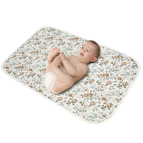 Image of Baby Diaper Changing Pad, 21 5/8" x 31.5" Waterproof Changing Pad Liners - Reusable Soft and Absorbent Portable Changing Mat(Blue Flower1PCS)