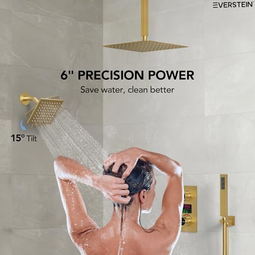 Ducha de lluvia de alta presión de 12" con pantalla de temperatura, sistema inteligente de doble cabezal de ducha con válvula (acabado dorado cepillado) miniatura 5