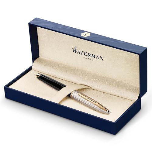 Waterman Carène Deluxe stylo plume | noir brillant et plaqué argent avec clip doré à l’or 23 k | plume fine | cartouche d'encre bleue | coffret cadeau