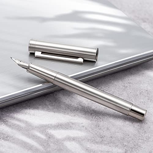 Image of Hongdian Forest Pro Silver Stainless Steel Fountain Pen, Bent Nib for Fude Calligraphy Writing (Fine to Broad) with Converter and Metal Pen Box Set