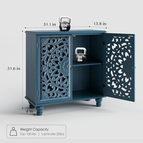 Image of Accent Cabinet with Doors, Decorative Storage Cabinet with Adjustable Shelf, Carved Sideboard Buffet with Solid Wood Legs for Living Room, Entryway, Kitchen, Hallway, Blue