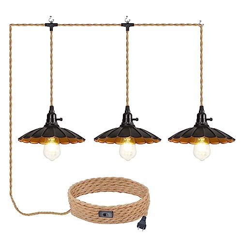 Image of 3-Light Plug in Pendant Light Fixtures Chandelier | Switch 22FT Industrial Ceiling Hanging Lamp Cord Farmhouse Cable DIY Including DIY Lotus lampshade