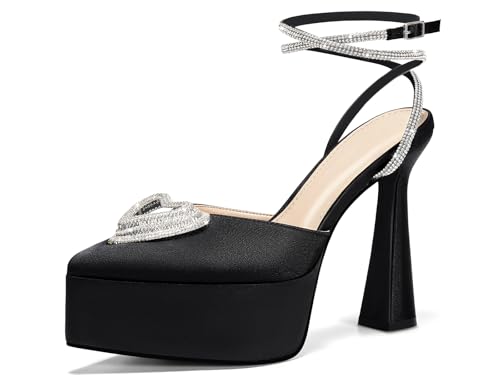 Coutgo Womens Platform High Chunky Heels Rhinestone Triple Heart Pointed Toe Ankle Strap Party Wedding Dress Pumps Shoes