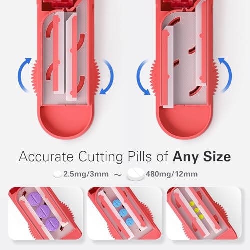 Image of ONE PIX Multiple Pill Cutter Splitter for Small and Tiny Pills, Accurate 1 /2 Tablet Splitter with Adjustable Bars & Hidden Blade, Safely Cuts Large Medication for Seniors & Pets, Red