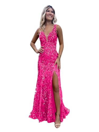 Women's Hot Pink Sparkly Sequin Prom Dress for Teens Mermaid Ball Gowns Long Formal Evening Cocktail Dress Size 6