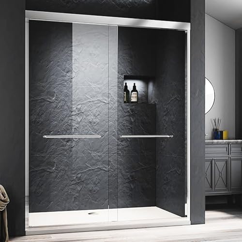 Brushed Nickel 56-60 in. W x 72 in. H Semi-Frameless Sliding Shower Door for Bathroom, Reversible 1/4" (6mm) Clear Tempered Glass Shower Door with Stainless Steel Towel Bar