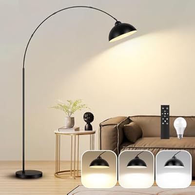???????? ???????? Arc Floor Lamp for Living Room with Remote, Black Standing Lamp with LED Bulb, Stepless Dimmable Industrial Floor Lamp Over Couch, Modern Tall Reading Lamp for Bedroom Office, 3CCT