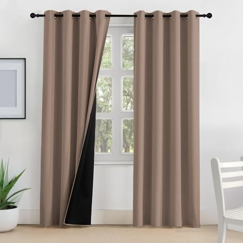 Image of LINENWALAS Door Curtains 7.5 Feet Set of 2 - Thermal Insulation 100% True Blackout Curtains, Black Backing & Fade Resistant Drapes for Living Room, Bedroom (Light Brown)