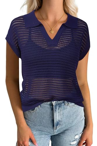 Image of Arach&Cloz 2025 Women's Crochet Cap Sleeve Knit Tops Spring Summer Shirts Lightweight Collared Hollow Out Casual Blouses