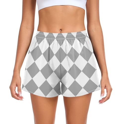 EtherSpher Buffalo Plaid Check Gray White Womens Athletic Shorts Elastic Waisted Lady Biker Shorts for Running Lounging Fishing Hiking ropa para correr Mujer L