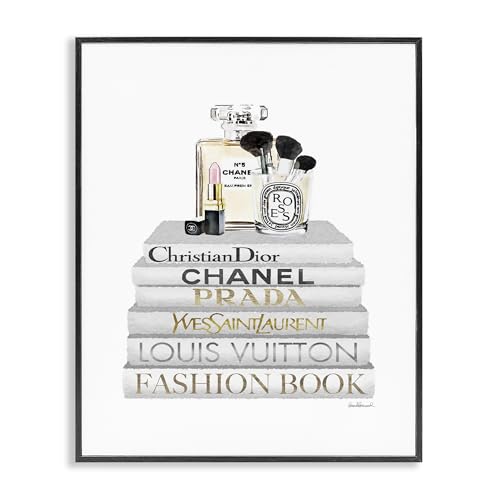 Image of Stupell Industries 'Bookstack with Makeup Accessories', Framed Giclee Art, Black, 11 x 14 Inches, Easy to Hang and Sturdy, Made in USA, by Amanda Greenwood