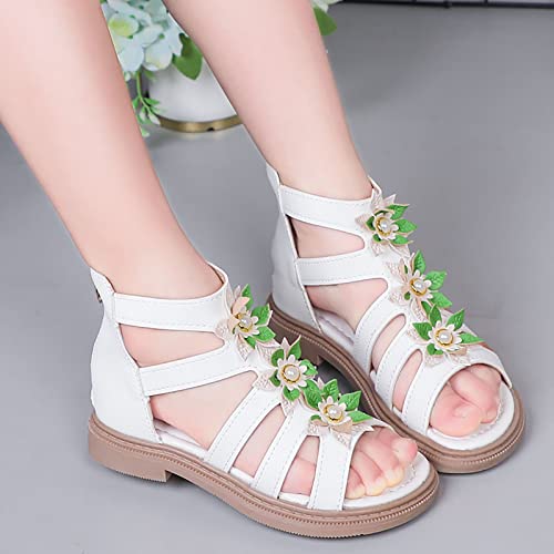 Summer Girls High Top Sandals Kids 𝐆ladiator Lace Up Sandals Zipper Flowers Cute Princess Shoes Non-Slip Sandals (White, 31 Little Child)4