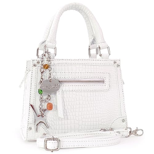 Catwalk Collection Handbags - Small Crossbody Bag For Women - Mini Top Handle Bag - Leather Mock Croc - Adjustable Detachable Strap - Raven - White