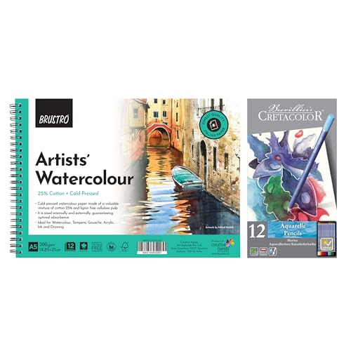Image of Brustro Artists 25% Cotton Wiro Bound Watercolour Pad (300 GSM,A5,Cold Pressed,12 Sheets) with Cretacolor Marino Aquarelle Watercolor Pencil (Set of 12)|Ideal for Drawing,Painting,Dry and Wet