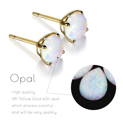 GW Stud Earrings for Women Gold Opal Earrings with 6 MM Round Opal and Ear Stud Earing Jewelry for Lady Daily Wear Party Wedding, White Opal 14K3