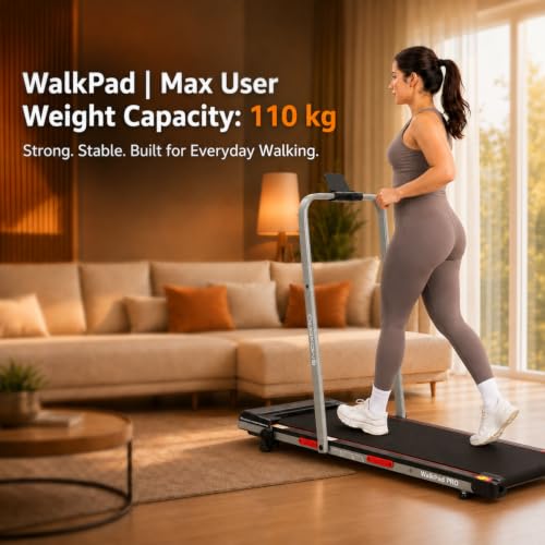 Image of MAXPRO Walking Pad with Handle 3.5HP BLDC Motor Treadmill for Home use | 12km /hr Speed | 110kgs Max. User Weight | 8% Incline| LED Display, Shock Absorbtion, Compact underdesk Treadmill for Home Gym