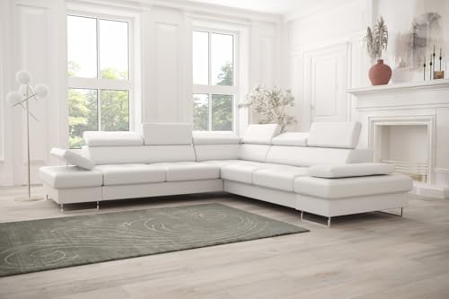Friderik Canapé d'angle Galaxy MAX avec fonction couchage & tiroir de lit, en cuir synthétique Madrit, appuie-têtes et accoudoirs réglables (blanc, droite)
