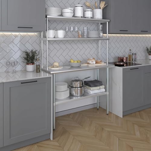 Image of AmGood Stainless Steel Work Table with 12 inch Wide Double Tier Overshelf | Metal Kitchen Prep Table & Shelving Combo | NSF (Stainless Steel Table with Double Overshelves, 48 inch Long x 18 inch Deep)
