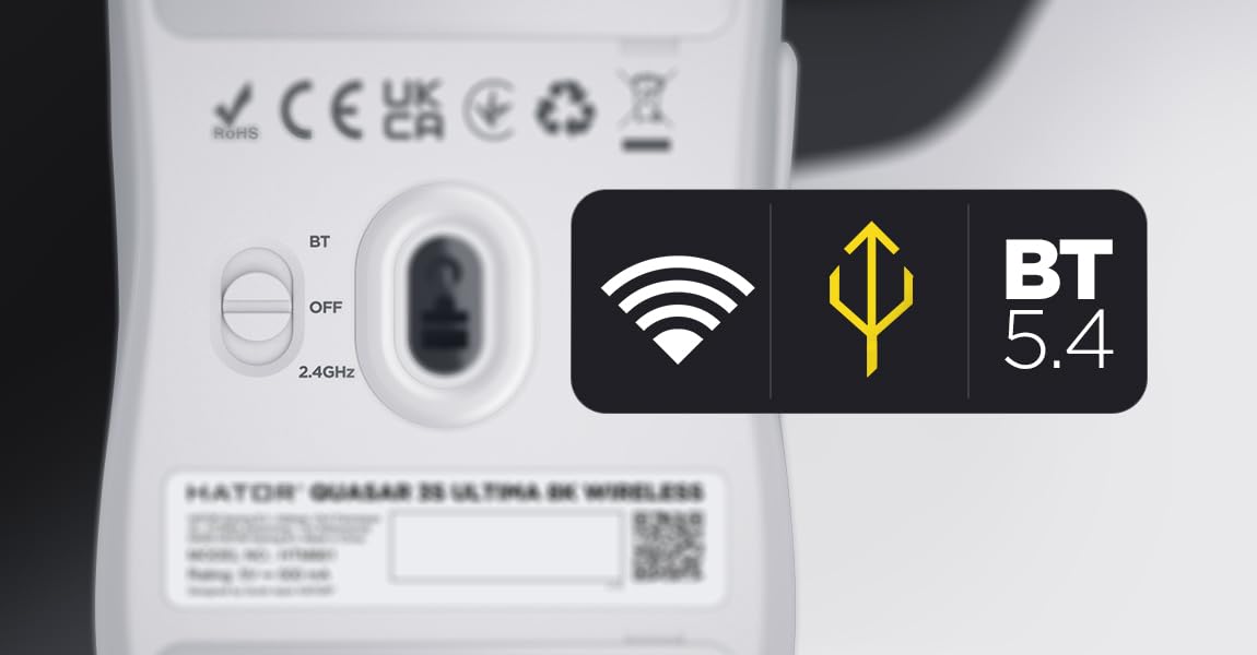 HATOR Quasar 3S Ultima 8K Wireless Ratón Gaming inalámbrico, 46g Ultraligero, PixArt PAW3950 Sensor, 30000 dpi, Optical Switches 100M, 8000Hz, 2.4GHz/Bluetooth 5.4/USB-C, PTFE Skates, PC/Mac (Blanco)