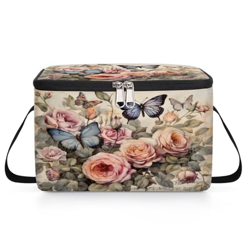 GzLeyigou Retro Flowers Lunch Bags for Women Men 9 Cans, Hot & Cold Food Delivery Bag Insulated Grocery Bag Insulated Lunch Box Floral Cooler Bag for Office Work Picnic Beach