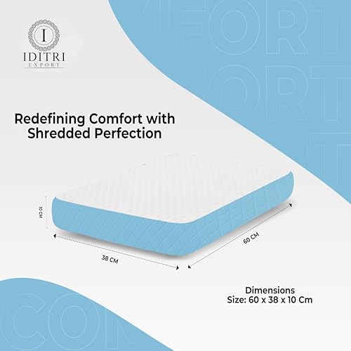 Image of High Density Memory Foam Pillow, Shredded Orthopedic Support for Neck Pain Relief, 60x38x10 cm, White /Sky Geometric Jacquard Case, Aligned Spine Bedding for Side and Back Sleeper