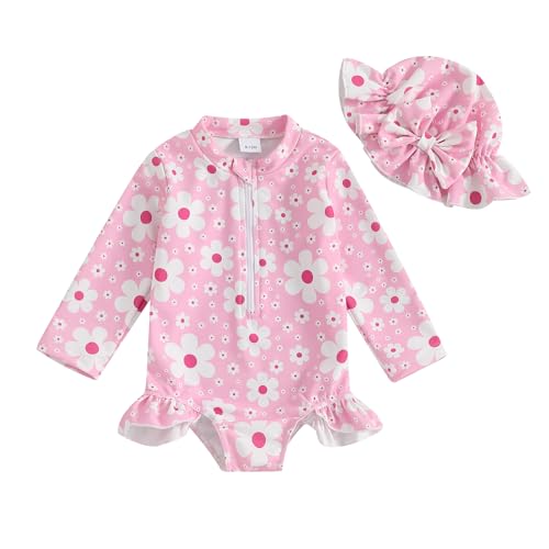 Infant Baby Girl Swimsuit Long Sleeve Zipper One Piece Bathing Suit with Sun Hat Swimwear Toddler Girl Rash Guard(Pink,6-9 Months)