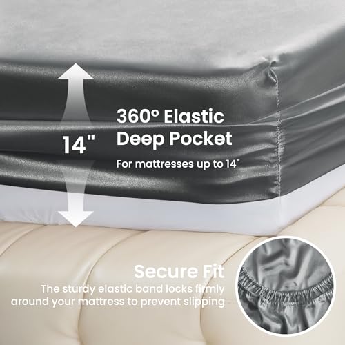 Image of Love's cabin Satin King Sheet Sets - 4 Piece Dark Grey Silky Sheets King Size Bed Set with Deep Pocket, Luxury Silk Feel King Size Satin Sheet Set (1 Flat Sheet,1 Fitted Sheet,2 Pillow Cases)