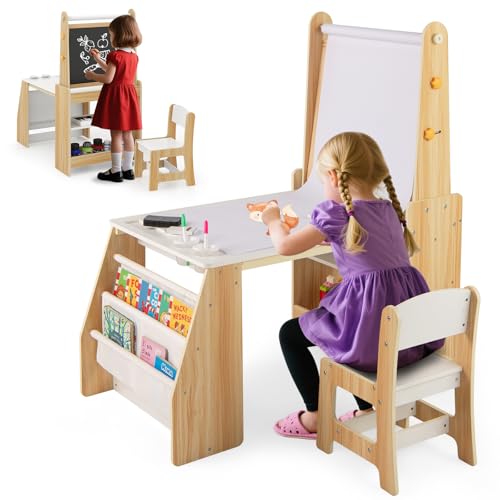 COSTWAY Table Enfant avec Chaise & Tableau Noir & Tableau Blanc, Table à Dessin avec 2 Étagères Ouvertes & Bibliothèque, Rouleau de Papier, Bureau Enfant...