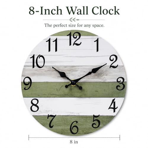 Image of CHYLIN Green White Wall Clocks Battery Operated 8 Inch | Easy To Read Vintage Clock Decorative for Kitchen Bedroom Office Bathroom