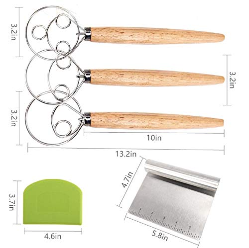 Aebor 3PCS Danish Dough Whisks with a Dough Scraper and a Stainless Steel Dough Pastry Scraper,Wooden Handle Stainless Steel Manual Dough Mixer for Pizza Dough,Bread, Biscuits and Pastry.