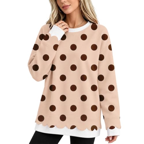 Layered Sweatshirt Women Built-In Shirt Polka Dot Scallop Hem Sweatshirt - image 3
