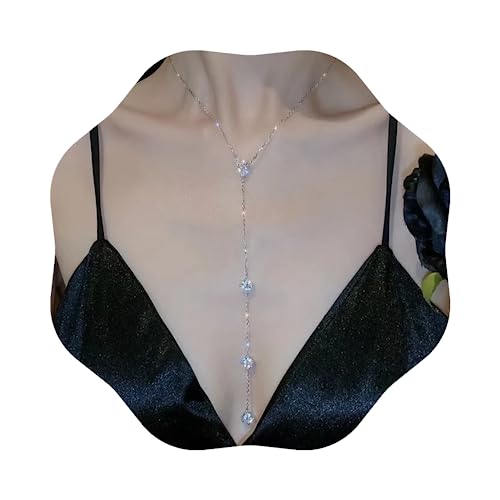 Wekicici Long Rhinestone Necklace Y Teardrop Necklace Sparkly Crystal Tassel Pendant Long Chain Silver Necklace for Women