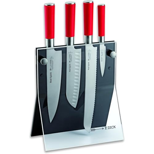 F. DICK Messerblock mit Messer, Red Spirit (Santoku, Kochmesser, Brotmesser, Officemesser, X55CrMo14 Stahl, 56° HRC) 8177200, 24 cm