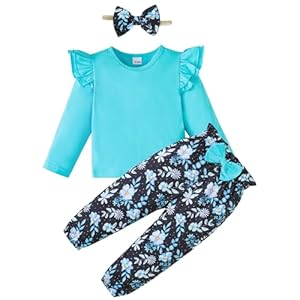 YALLET – 3 piezas de ropa para niña, color liso, manga larga, con volantes, pantalones florales y diadema, 1-6 años, conjunto de otoño/invierno