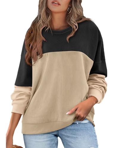KISSMODA Women's Casual Long Sleeve Sweatshirt Color Block/Solid Crewneck Corduroy Pullover Cute Tops