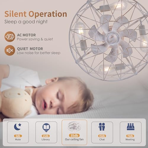 Flush Mount White Caged Ceiling Fan with Light, 20" Small Bladeless Ceiling Fan and Remote, Rustic Low Profile Ceiling Fans 4-Speed Reversible Enclosed Ceiling Fans for Bedroom Kitchen Farmhouse - Image 5