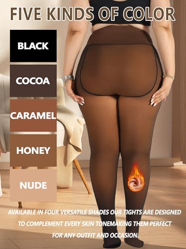 Image of Plus Size Fleece Lined Tights Women, Control Top Thermal Tights for Women, Fake Translucent Winter Warm Tights
