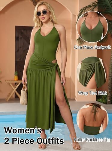Image of Two Piece Skirt Set Women Sexy Halter Backless Bodysuit and Wrap Tied High Split Summer Maxi Skirt Set