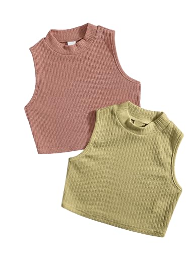 Milumia Girl's 2 Pack Crop Tank Tops Mock Neck Sleeveless Ribbed Knit Short Tops