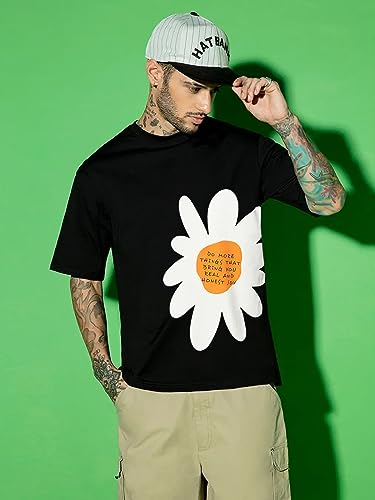 Image of Veirdo Cotton Black & Limeade Oversized Fit Half Sleeve Crew-Neck Floral Printed Longline T-Shirt for Men