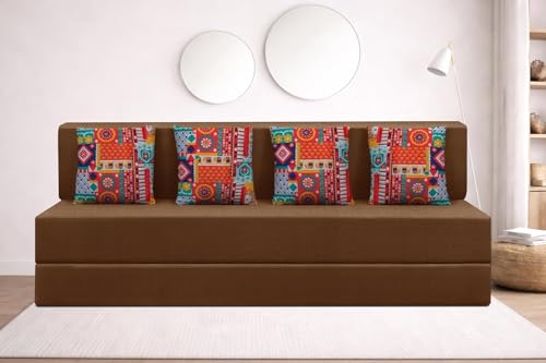 Image of Rosebell Four Seater Foldable Sofa Cum Bed (6x6 Feet) Jute Fabric, Washable Removable Cover, | Space Saving Convertible Sofa Bed for Home, Office & Guests - Brown